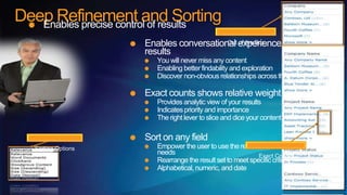 Deep Refinement and Sorting
   Enables precise control of results
                       Enables conversational experience across all of the
                                           Out of the Box
                       results
                          You will never miss any content
                          Enabling better findability and exploration
                          Discover non-obvious relationships across the entire result set

                       Exact counts shows relative weight
                          Provides analytic view of your results
                          Indicates priority and importance
                          The right lever to slice and dice your content

                       Sort on any field
   Sorting Options        Empower the user to use the relevance model that best fits their
                          needs                               Exact Counts
                          Rearrange the result set to meet specific criteria
                          Alphabetical, numeric, and date
 