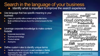 Search in the language of your business
         Identify what is important to improve the search experience
Use language that has specific meaning to your                     mobile workforce         direct mail
business                                                               revenue merger
                                                                     communications
   Users can quickly refine content using familiar terms                                      Taxonomy
   Build confidence that you found the correct answers the first   cloudchain
                                                                     supply
                                                                            computing
   time
                                                                     audit
                                                                                   Productivity
                                                                              best practices XML
                                                                       archive acquisition storage
Leverage corporate knowledge to make content                       cost savings Social Media
findable
                                                                       Profit         Strategy Development
   Corporate taxonomies                                            customer relations
                                                                       market share
   Business terminology
                                                                          IP Telephony quality
   Product names                                                   SOX compliance  Competition
   Acronyms
                                                                          risk target markets
                                                                    part numbers
                                                                                brand management
Define custom rules to identify unique terms                       Global presence
   Handle complex terms such as part numbers or forms
                                                                             Disaster Recovery
   Searching for ”XXX 123 abc“ finds “XXX-123-abc“ and
   “GG^XXX-123-abc_HH“
 