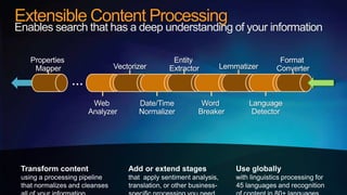 Extensible Content Processing
Enables search that has a deep understanding of your information

   Properties                             Entity                     Format
    Mapper                Vectorizer     Extractor    Lemmatizer    Converter
                …
                     Web         Date/Time        Word       Language
                    Analyzer     Normalizer      Breaker      Detector
 