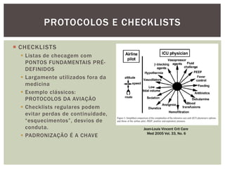  CHECKLISTS
 Listas de checagem com
PONTOS FUNDAMENTAIS PRÉ-
DEFINIDOS
 Largamente utilizados fora da
medicina
 Exemplo clássicos:
PROTOCOLOS DA AVIAÇÃO
 Checklists regulares podem
evitar perdas de continuidade,
“esquecimentos”, desvios de
conduta.
 PADRONIZAÇÃO É A CHAVE
PROTOCOLOS E CHECKLISTS
Jean-Louis Vincent Crit Care
Med 2005 Vol. 33, No. 6
 