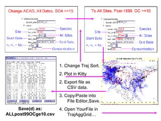 1. Change Traj Sort. 2. Plot in Kitty 2. Export file as CSV data. 3. Copy/Paste into File Editor,Save. 4. Open YourFile in TrajAggGrid… Save(d) as: ALLpost99OCge10.csv 