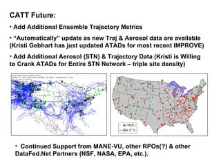 CATT Future: Add Additional Ensemble Trajectory Metrics “ Automatically” update as new Traj & Aerosol data are available (Kristi Gebhart has just updated ATADs for most recent IMPROVE) Add Additional Aerosol (STN) & Trajectory Data (Kristi is Willing to Crank ATADs for Entire STN Network – triple site density) Continued Support from MANE-VU, other RPOs(?) & other DataFed.Net Partners (NSF, NASA, EPA, etc.). 