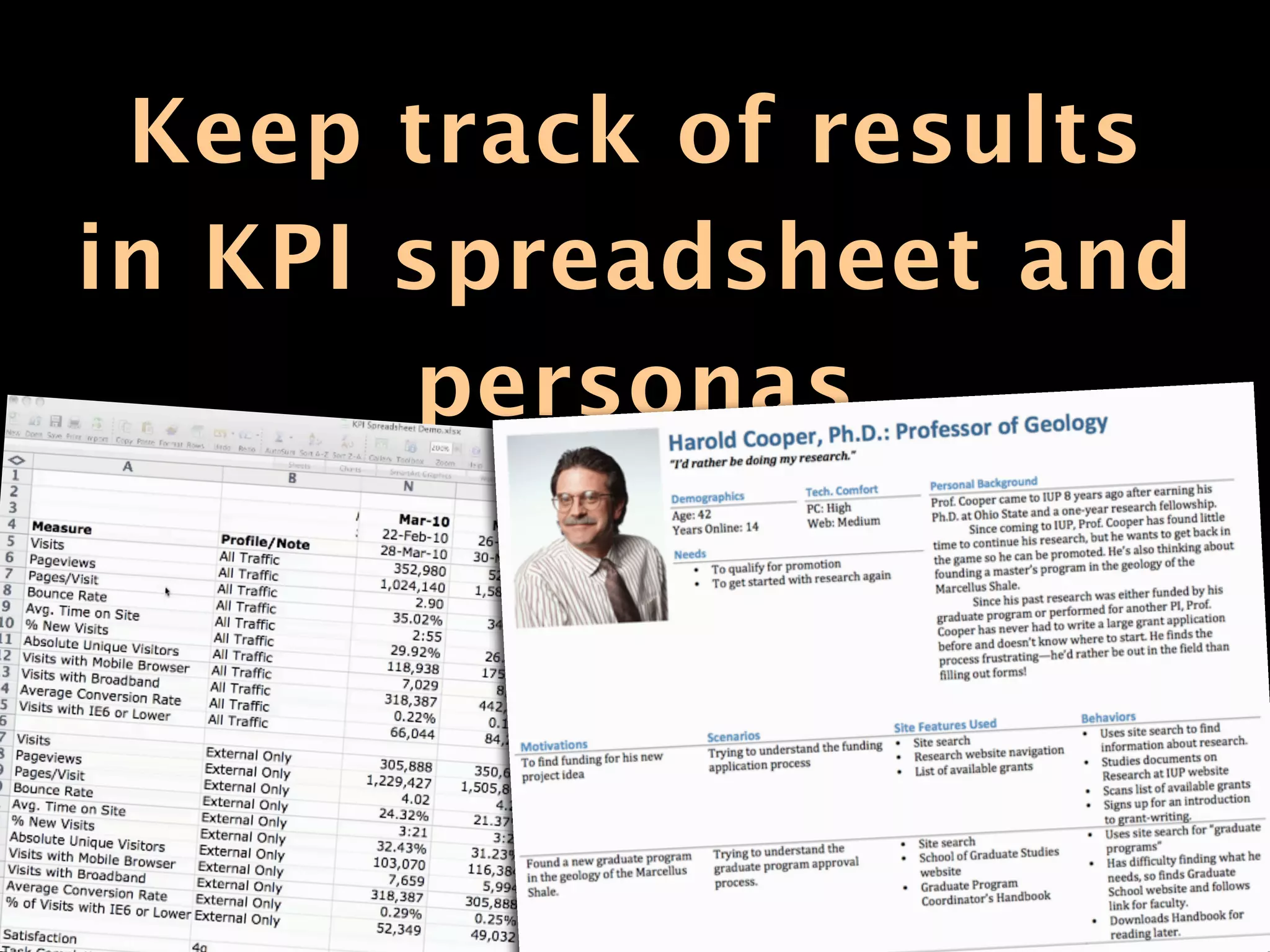Keep track of results
in KPI spreadsheet and
       personas
 