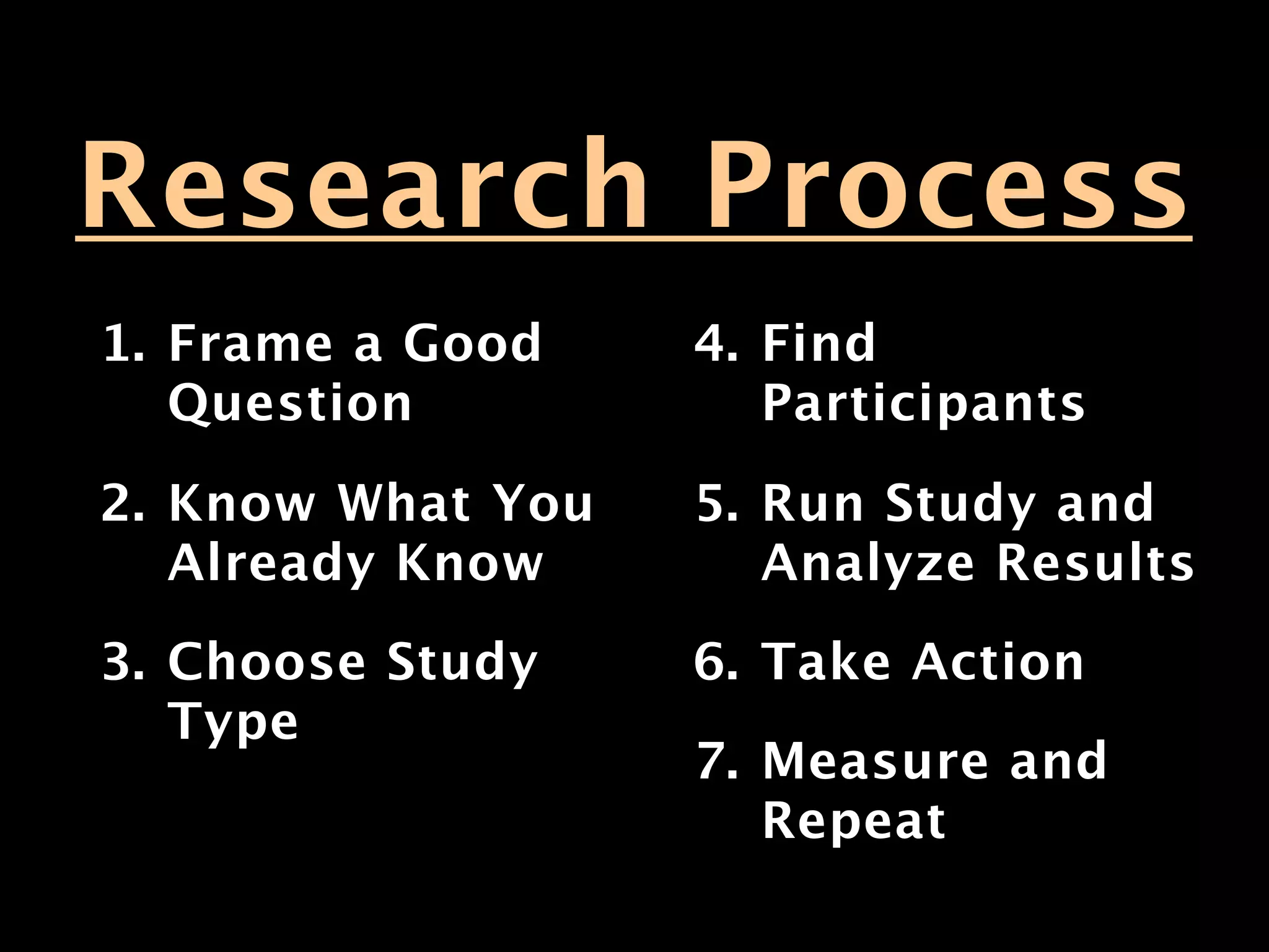 Research Process
1. Frame a Good    4. Find
   Question           Participants
2. Know What You   5. Run Study and
   Already Know       Analyze Results
3. Choose Study    6. Take Action
   Type
                   7. Measure and
                      Repeat
 