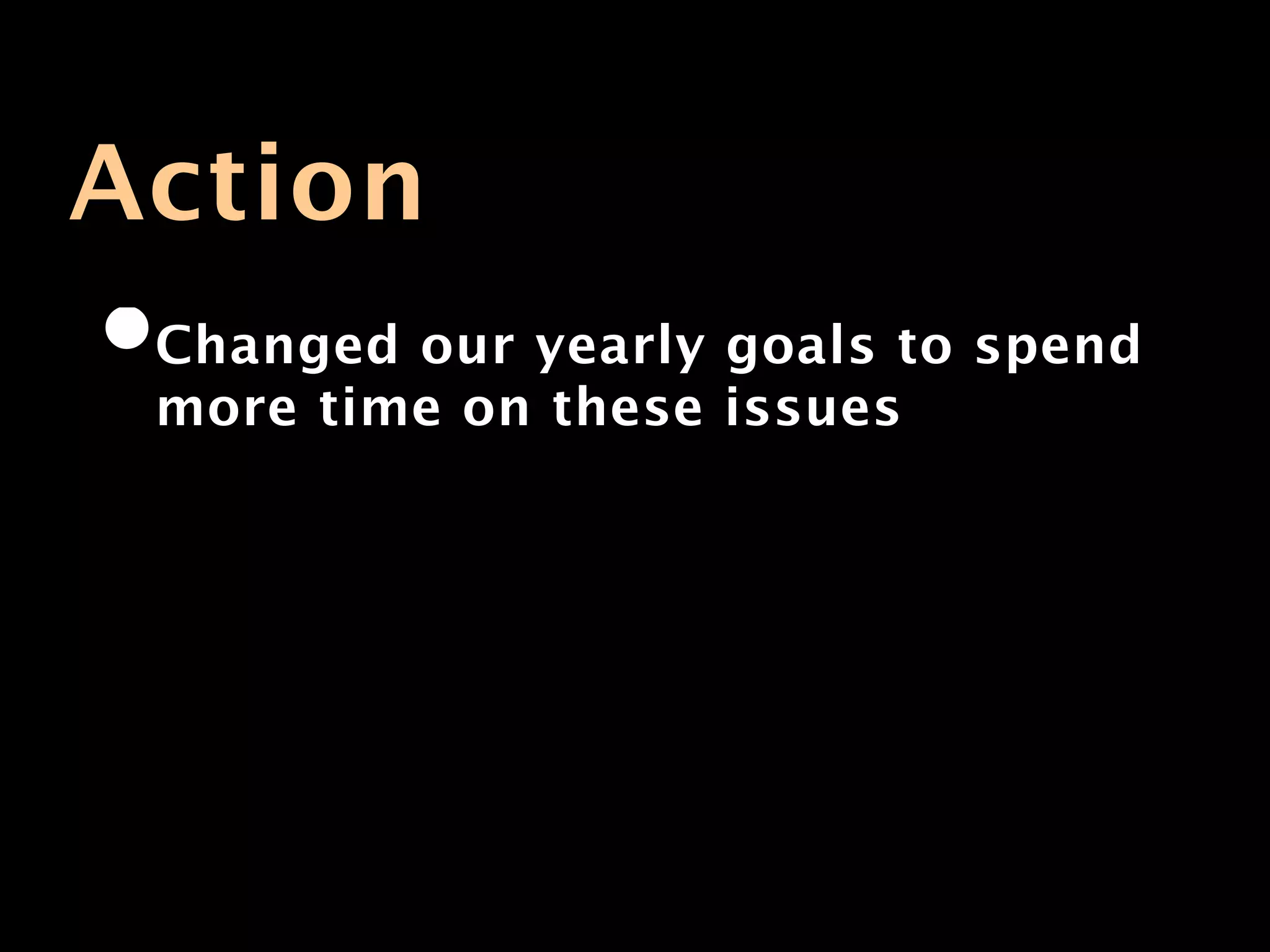 Action
•Changed our yearly goals to spend
 more time on these issues
 