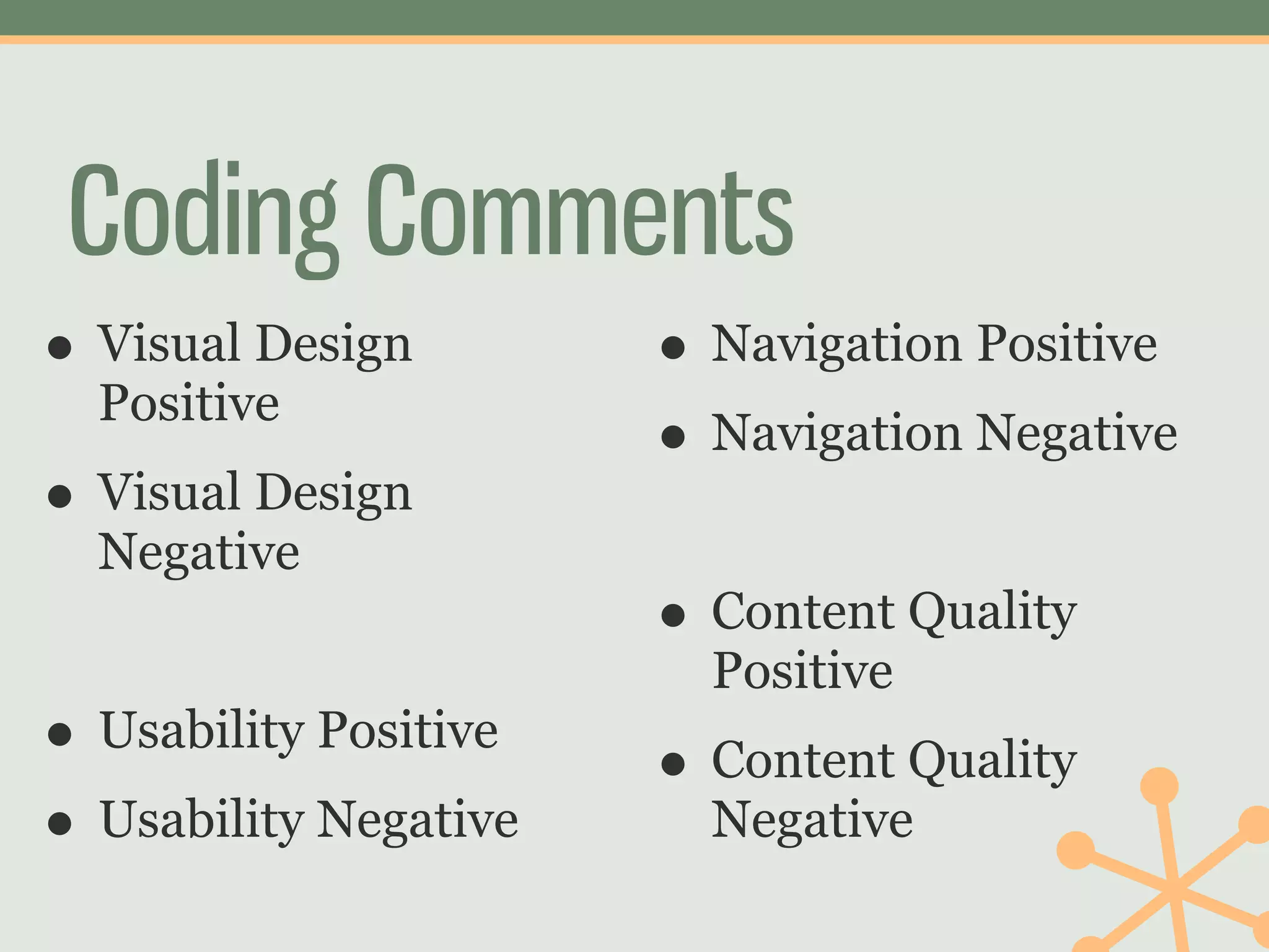 Coding Comments
• Visual Design        • Navigation Positive
  Positive
                       • Navigation Negative
• Visual Design
  Negative
                       • Content Quality
                         Positive
• Usability Positive   • Content Quality
• Usability Negative     Negative
 