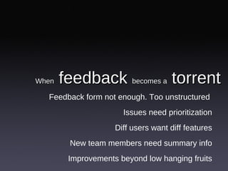 When  feedback  becomes a  torrent <ul><li>Feedback form not enough. Too unstructured  </li></ul><ul><li>Issues need prior...