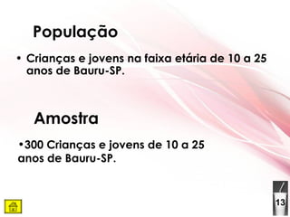 Crianças e jovens na faixa etária de 10 a 25 anos de Bauru-SP. População Amostra 300 Crianças e jovens de 10 a 25 anos de Bauru-SP. 13 