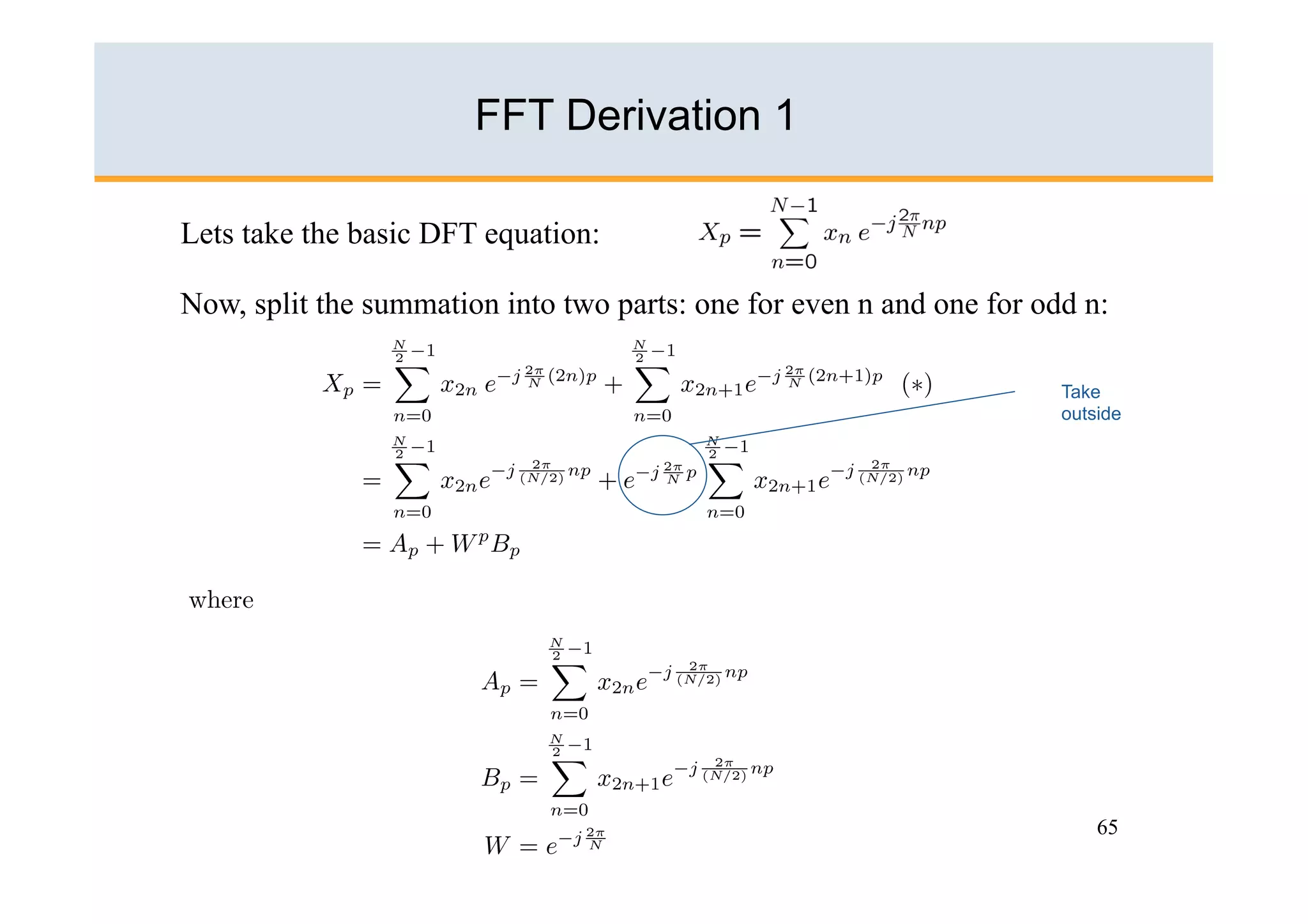 FFT Derivation 1

Lets take the basic DFT equation:

Now, split the summation into two parts: one for even n and one for odd n:

                                                                      Take
                                                                      outside




                                                                          65
 