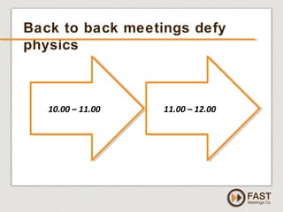www.fastmeetings.com.au | +61 2 9502 2022 | Copyright © 2005-2012
Back to back meetings defy
physics
10.00 – 11.0010.00 – ...