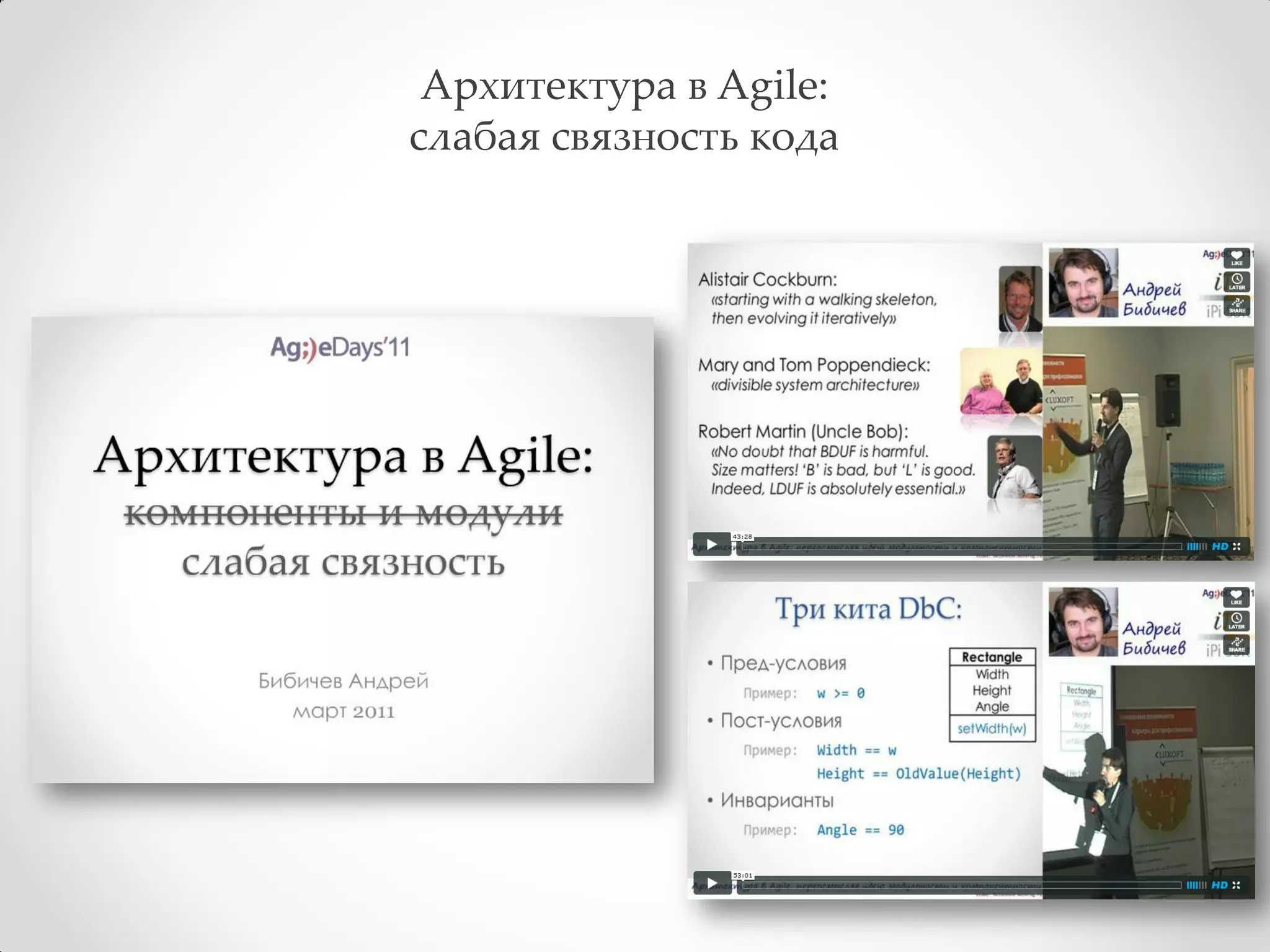 Архитектура в Agile:
слабая связность кода
 
