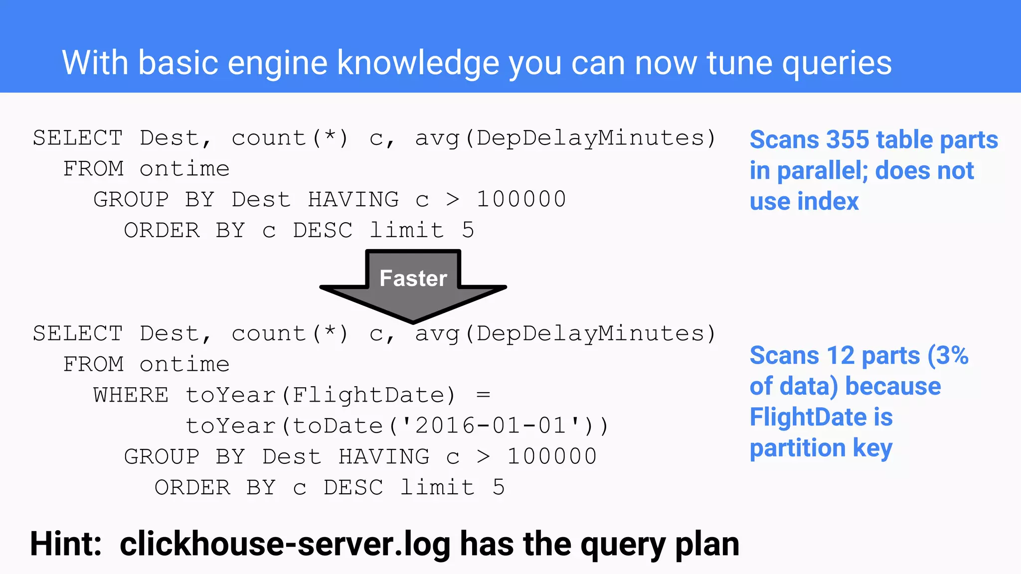 SELECT Dest, count(*) c, avg(DepDelayMinutes)
FROM ontime
GROUP BY Dest HAVING c > 100000
ORDER BY c DESC limit 5
SELECT Dest, count(*) c, avg(DepDelayMinutes)
FROM ontime
WHERE toYear(FlightDate) =
toYear(toDate('2016-01-01'))
GROUP BY Dest HAVING c > 100000
ORDER BY c DESC limit 5
With basic engine knowledge you can now tune queries
Scans 355 table parts
in parallel; does not
use index
Scans 12 parts (3%
of data) because
FlightDate is
partition key
Hint: clickhouse-server.log has the query plan
Faster
 