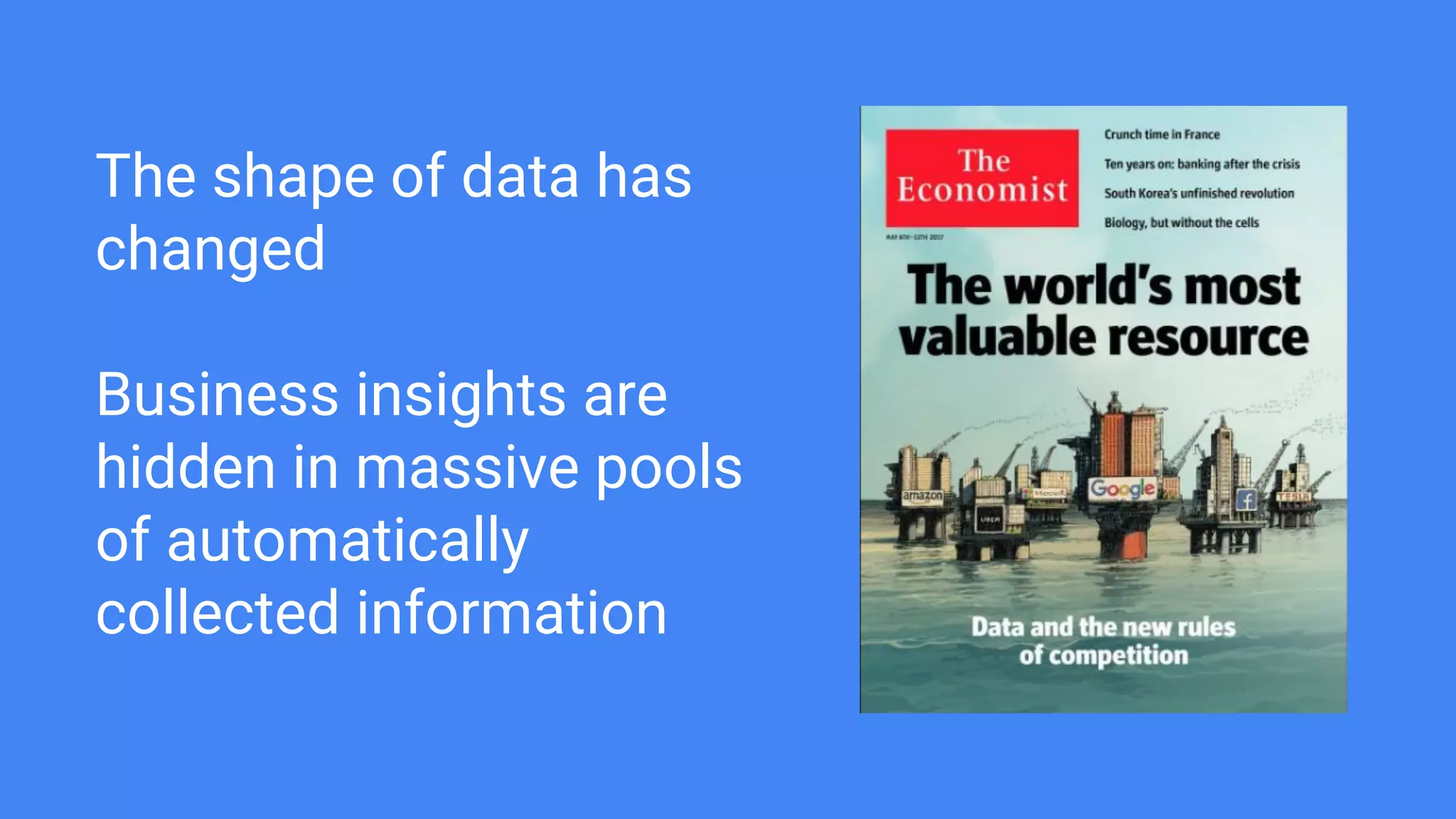 The shape of data has
changed
Business insights are
hidden in massive pools
of automatically
collected information
 