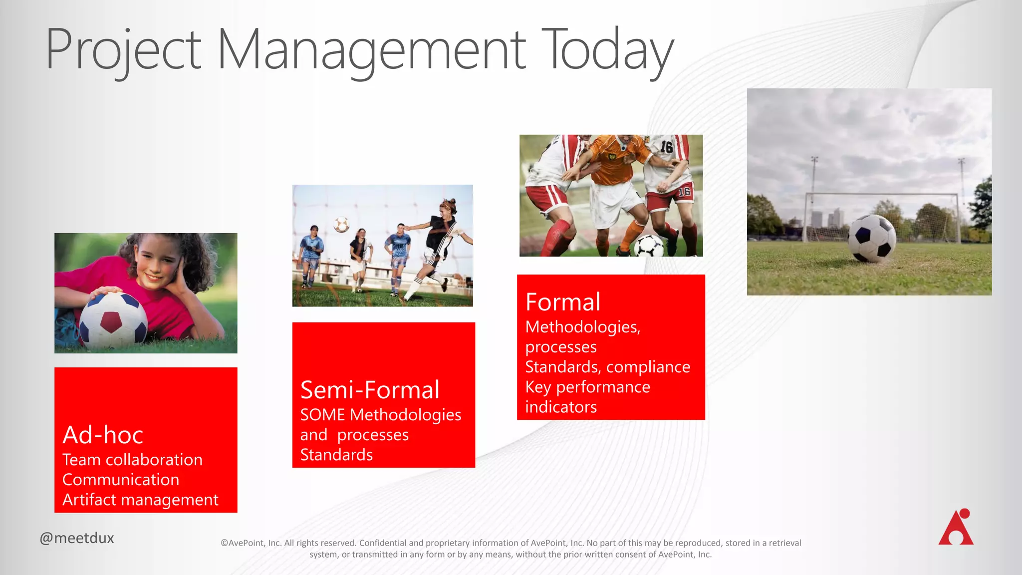 ©AvePoint, Inc. All rights reserved. Confidential and proprietary information of AvePoint, Inc. No part of this may be reproduced, stored in a retrieval
system, or transmitted in any form or by any means, without the prior written consent of AvePoint, Inc.
Ad-hoc
Team collaboration
Communication
Artifact management
Semi-Formal
SOME Methodologies
and processes
Standards
Formal
Methodologies,
processes
Standards, compliance
Key performance
indicators
 