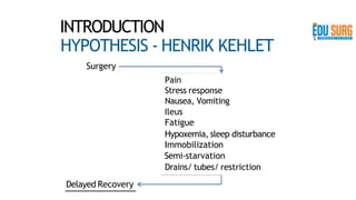 INTRODUCTION
HYPOTHESIS - HENRIK KEHLET
Surgery
Pain
Stress response
Nausea, Vomiting
Ileus
Fatigue
Hypoxemia, sleep disturbance
Immobilization
Semi-starvation
Drains/ tubes/ restriction
Delayed Recovery
 