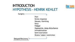 INTRODUCTION
HYPOTHESIS - HENRIK KEHLET
Surgery
Pain
Stress response
Nausea, Vomiting
Ileus
Fatigue
Hypoxemia, sleep disturbance
Immobilization
Semi-starvation
Drains/ tubes/ restriction
Delayed Recovery
 