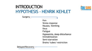 INTRODUCTION
HYPOTHESIS - HENRIK KEHLET
Surgery
Pain
Stress response
Nausea, Vomiting
Ileus
Fatigue
Hypoxemia, sleep disturbance
Immobilization
Semi-starvation
Drains/ tubes/ restriction
Delayed Recovery <
 