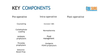KEY COMPONENTS
Selective
Bowel Prep
Pre-operative
Counseling
Carbohydrate
Loading
Antibiotic
prophylaxis
Thrombo
prophylaxis
Intra-operative
Incision/ MIS
Normothermia
Fluid
management
Analgesia
PONV prophylaxis
Post-operative
 
