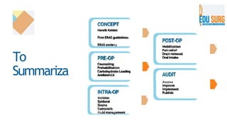 To
Summariza
CONCEPT
Henrlk Kehlet
Flrat ERAC guidelines
ERAS aocle
PRE-OP
Counseling
Prehabllltat)on
Carbohydrate Loading
AntIbIot1CB
INTRA-OP
incision
Epidural
Drains
Cath6t6FB
Id mona ement
POST-OP
Mobilization
Pain reI1ef
Dra)nremoval
Oral Intake
AUDIT
Improve
Implement
Publish
 