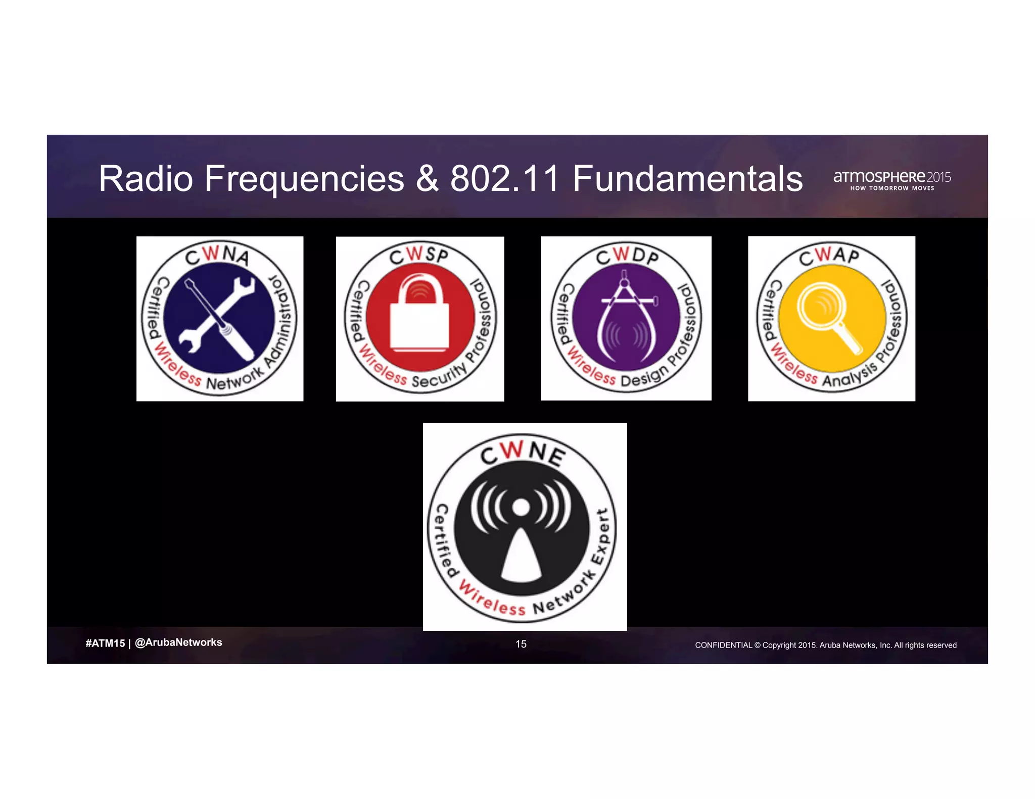 15 CONFIDENTIAL © Copyright 2015. Aruba Networks, Inc. All rights reserved#ATM15 |
Radio Frequencies & 802.11 Fundamentals
@ArubaNetworks
 