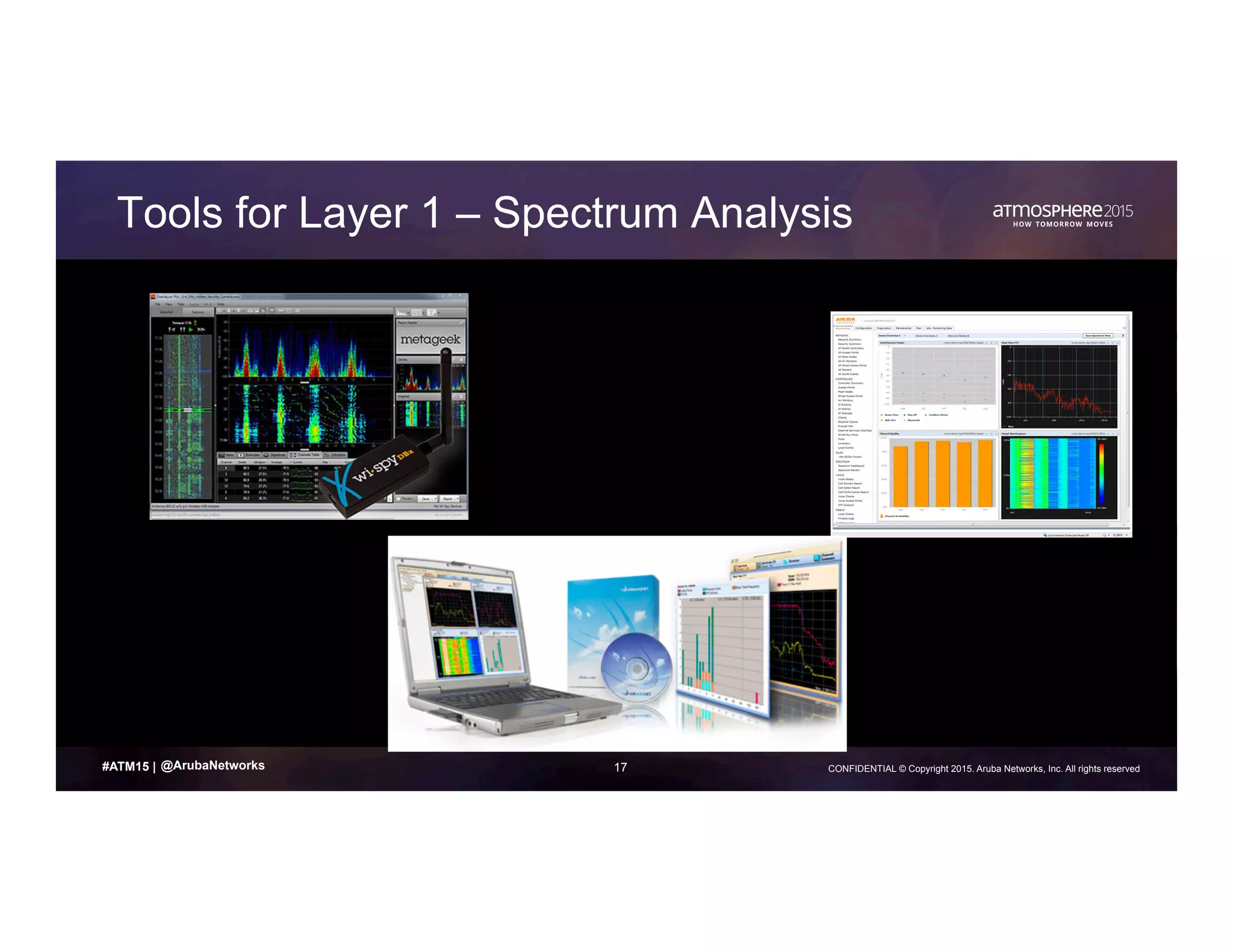17 CONFIDENTIAL © Copyright 2015. Aruba Networks, Inc. All rights reserved#ATM15 |
Tools for Layer 1 – Spectrum Analysis
@ArubaNetworks
 