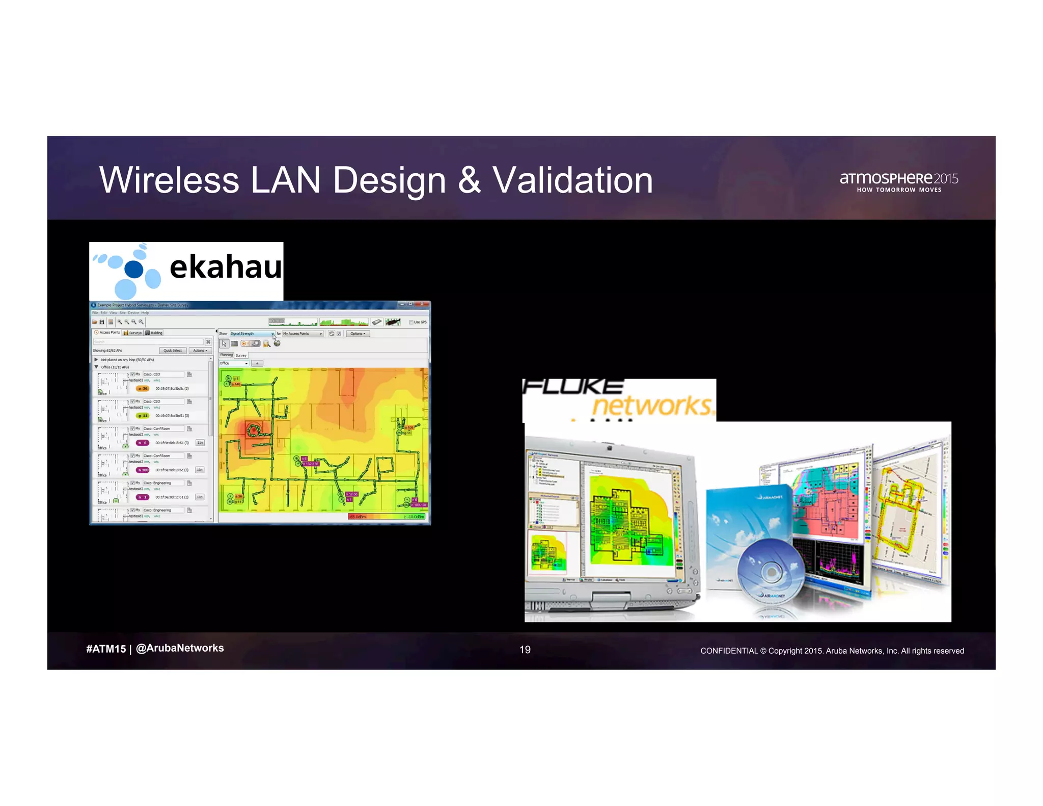 19 CONFIDENTIAL © Copyright 2015. Aruba Networks, Inc. All rights reserved#ATM15 |
Wireless LAN Design & Validation
@ArubaNetworks
 