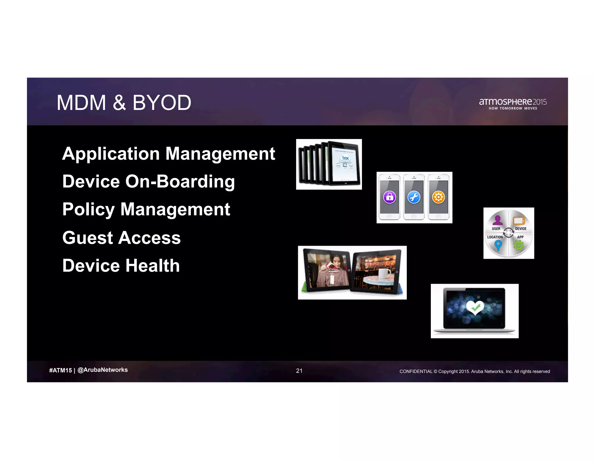 21 CONFIDENTIAL © Copyright 2015. Aruba Networks, Inc. All rights reserved#ATM15 |
MDM & BYOD
Application Management
Device On-Boarding
Policy Management
Guest Access
Device Health
@ArubaNetworks
 