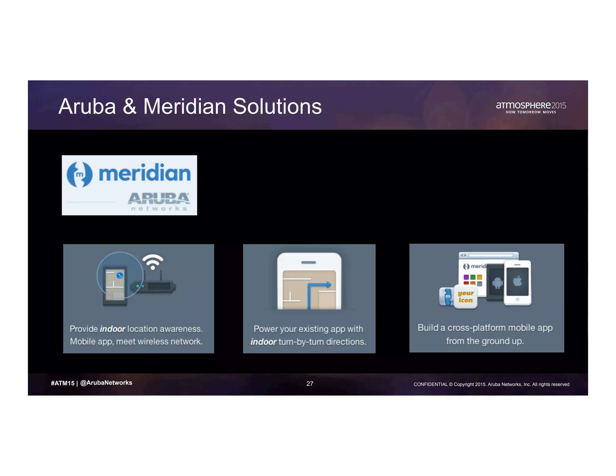 27 CONFIDENTIAL © Copyright 2015. Aruba Networks, Inc. All rights reserved#ATM15 |
Aruba & Meridian Solutions
@ArubaNetworks
 