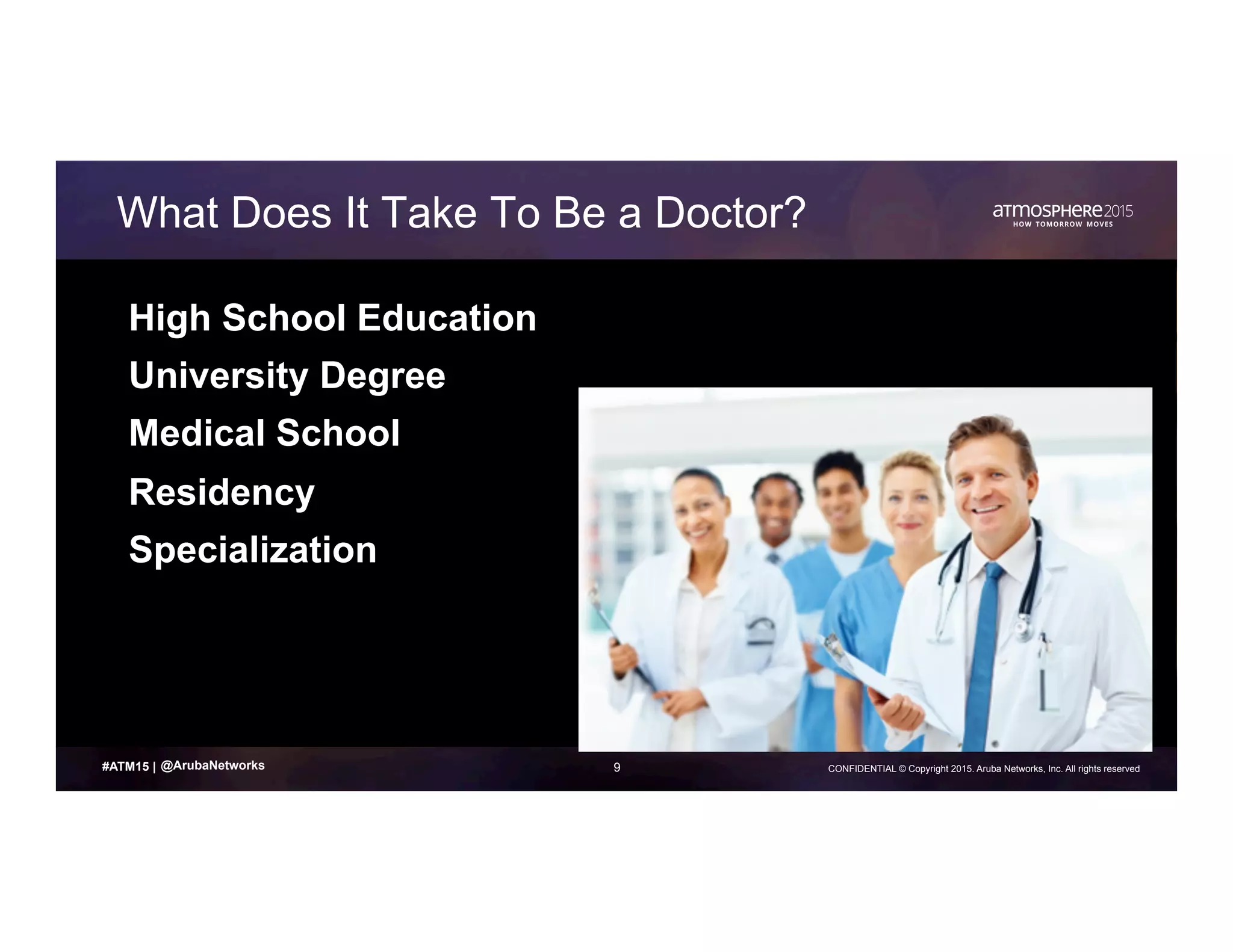 9 CONFIDENTIAL © Copyright 2015. Aruba Networks, Inc. All rights reserved#ATM15 |
What Does It Take To Be a Doctor?
High School Education
University Degree
Medical School
Residency
Specialization
@ArubaNetworks
 