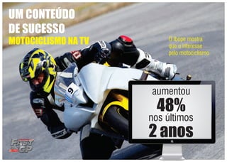 UM CONTEÚDO
DE SUCESSO
MOTOCICLISMO NA TV O Ibope mostra
que o interesse
pelo motociclismo
aumentou
48%
nos últimos
2 anos
N O R D E S T E
 