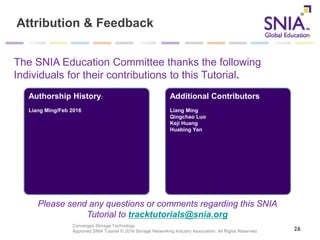 Converged Storage Technology
Approved SNIA Tutorial © 2016 Storage Networking Industry Association. All Rights Reserved.
Attribution & Feedback
26
Please send any questions or comments regarding this SNIA
Tutorial to tracktutorials@snia.org
The SNIA Education Committee thanks the following
Individuals for their contributions to this Tutorial.
Authorship History:
Liang Ming/Feb 2016
Additional Contributors
Liang Ming
Qingchao Luo
Keji Huang
Huabing Yan
 
