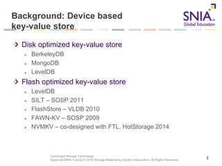 Converged Storage Technology
Approved SNIA Tutorial © 2016 Storage Networking Industry Association. All Rights Reserved.
Background: Device based
key-value store
Disk optimized key-value store
BerkeleyDB
MongoDB
LevelDB
Flash optimized key-value store
LevelDB
SILT – SOSP 2011
FlashStore – VLDB 2010
FAWN-KV – SOSP 2009
NVMKV – co-designed with FTL, HotStorage 2014
7
 