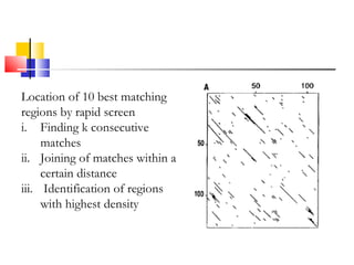 Location of 10 best matching
regions by rapid screen
i. Finding k consecutive
matches
ii. Joining of matches within a
certain distance
iii. Identification of regions
with highest density