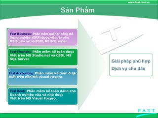 Fast Business:  Phần mềm quản trị tổng thể  Doanh nghiệp  (ERP) được viết trên nền MS Studio.net và CSDL MS SQL server Fast Financial:   Phần mềm kế toán được  Viết trên MS Studio.net và CSDL MS  SQL Server Fast Accounting:   Phần mềm kế toán được Viết trên nền MS Visual Foxpro.  Fast Book:   Phần mềm kế toán dành cho Doanh nghiệp vừa và nhỏ được Viết trên MS Visual Foxpro.  