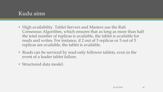 Kudu aims
• High availability. Tablet Servers and Masters use the Raft
Consensus Algorithm, which ensures that as long as more than half
the total number of replicas is available, the tablet is available for
reads and writes. For instance, if 2 out of 3 replicas or 3 out of 5
replicas are available, the tablet is available.
• Reads can be serviced by read-only follower tablets, even in the
event of a leader tablet failure.
• Structured data model.
10/29/2018 40
 