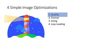 4 Simple Image Optimizations
1. Quality
2. Format
3. Sizing
4. Lazy Loading
 