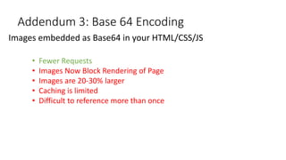Addendum 3: Base 64 Encoding
Images embedded as Base64 in your HTML/CSS/JS
• Fewer Requests
• Images Now Block Rendering of Page
• Images are 20-30% larger
• Caching is limited
• Difficult to reference more than once
 