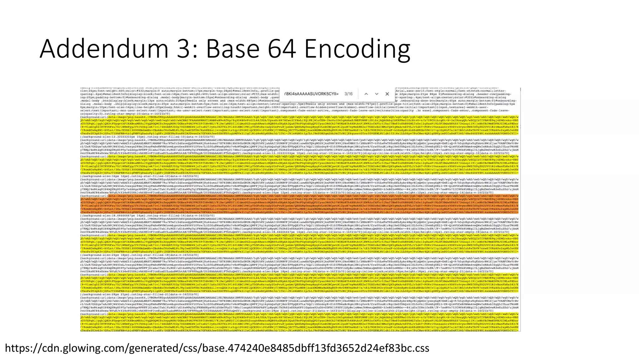 Addendum 3: Base 64 Encoding
https://cdn.glowing.com/generated/css/base.474240e8485dbff13fd3652d24ef83bc.css
 