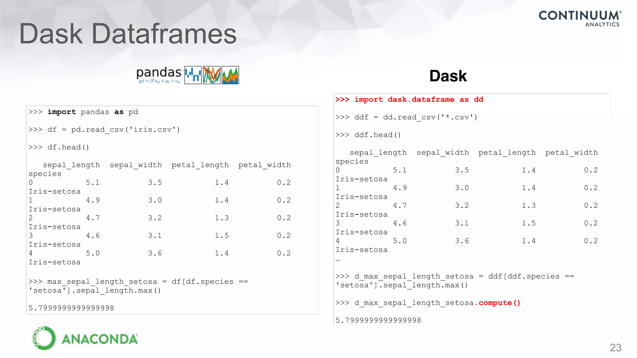 23
Dask Dataframes
Dask
>>> import pandas as pd
>>> df = pd.read_csv('iris.csv')
>>> df.head()
sepal_length sepal_width petal_length petal_width
species
0 5.1 3.5 1.4 0.2
Iris-setosa
1 4.9 3.0 1.4 0.2
Iris-setosa
2 4.7 3.2 1.3 0.2
Iris-setosa
3 4.6 3.1 1.5 0.2
Iris-setosa
4 5.0 3.6 1.4 0.2
Iris-setosa
>>> max_sepal_length_setosa = df[df.species ==
'setosa'].sepal_length.max()
5.7999999999999998
>>> import dask.dataframe as dd
>>> ddf = dd.read_csv('*.csv')
>>> ddf.head()
sepal_length sepal_width petal_length petal_width
species
0 5.1 3.5 1.4 0.2
Iris-setosa
1 4.9 3.0 1.4 0.2
Iris-setosa
2 4.7 3.2 1.3 0.2
Iris-setosa
3 4.6 3.1 1.5 0.2
Iris-setosa
4 5.0 3.6 1.4 0.2
Iris-setosa
…
>>> d_max_sepal_length_setosa = ddf[ddf.species ==
'setosa'].sepal_length.max()
>>> d_max_sepal_length_setosa.compute()
5.7999999999999998
 