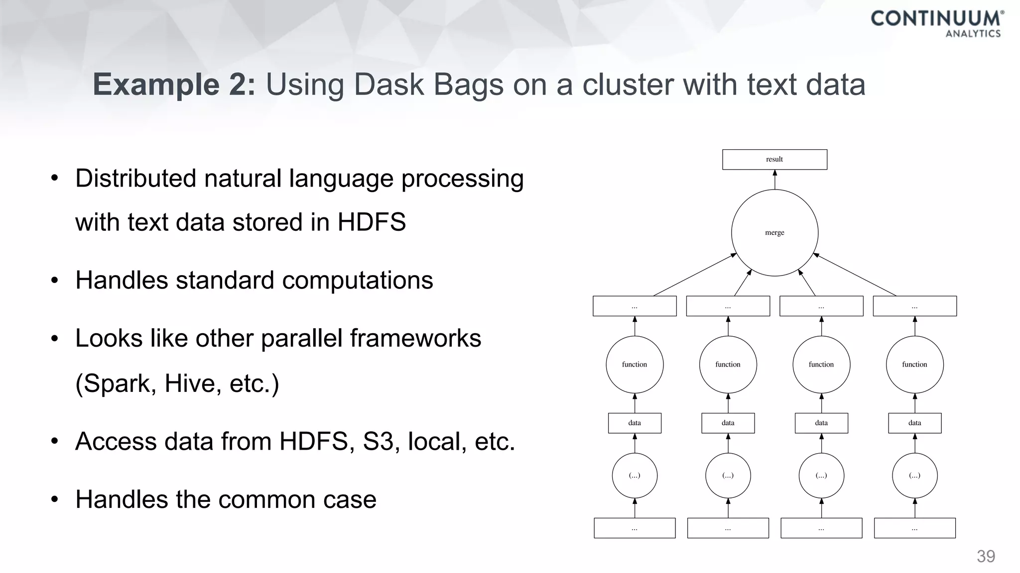 Example 2: Using Dask Bags on a cluster with text data
39
• Distributed natural language processing
with text data stored in HDFS
• Handles standard computations
• Looks like other parallel frameworks
(Spark, Hive, etc.)
• Access data from HDFS, S3, local, etc.
• Handles the common case
...
(...)
data
...
(...)
data
function
...
...
(...)
data
function
...
result
merge
... ...
data
function
(...)
...
function
 