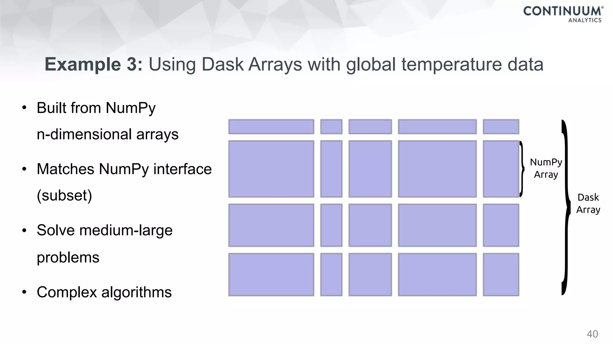 NumPy
Array
}
}Dask
Array
Example 3: Using Dask Arrays with global temperature data
40
• Built from NumPy 
n-dimensional arrays
• Matches NumPy interface
(subset)
• Solve medium-large
problems
• Complex algorithms
 
