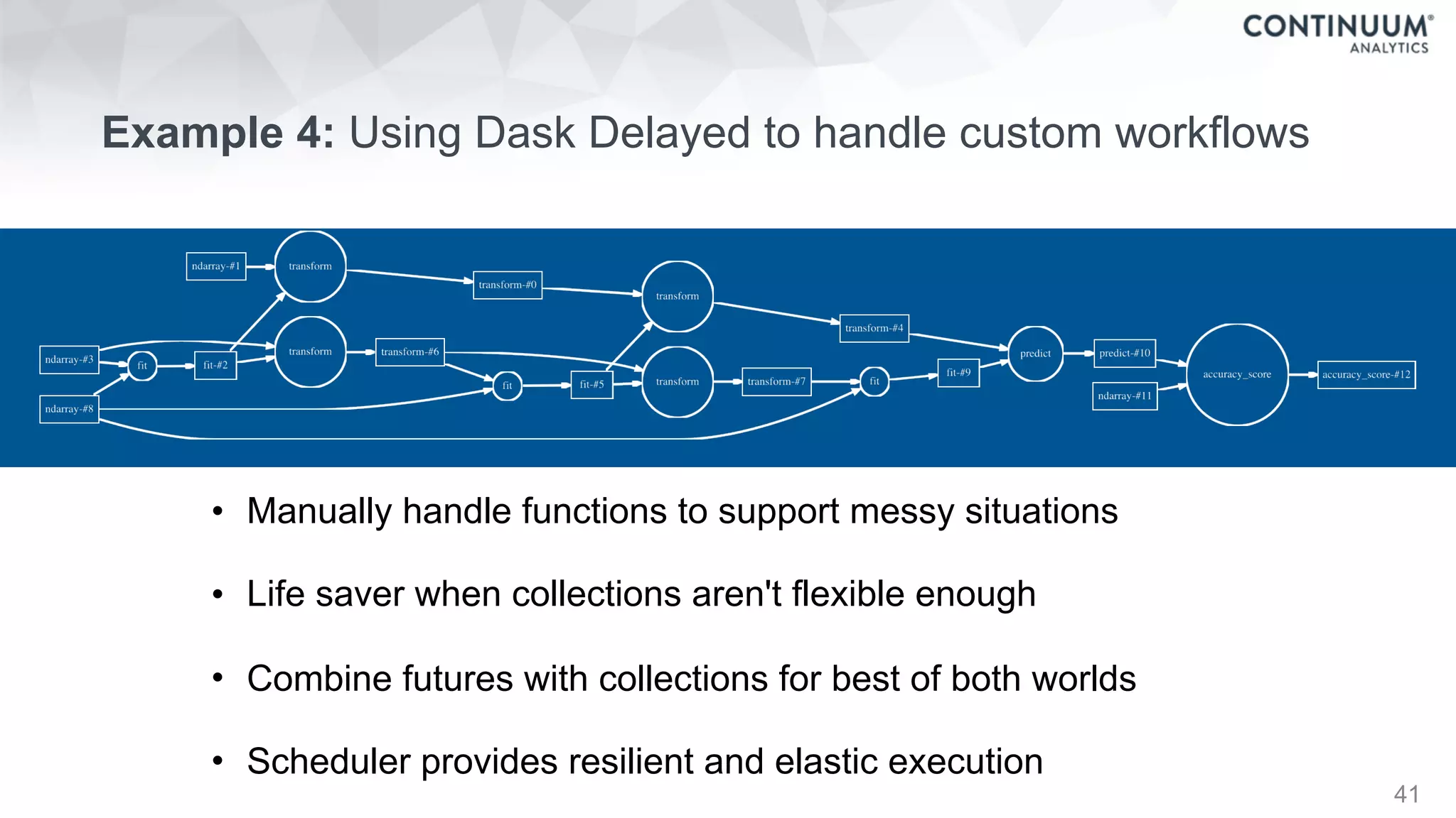 Example 4: Using Dask Delayed to handle custom workflows
41
• Manually handle functions to support messy situations
• Life saver when collections aren't flexible enough
• Combine futures with collections for best of both worlds
• Scheduler provides resilient and elastic execution
 