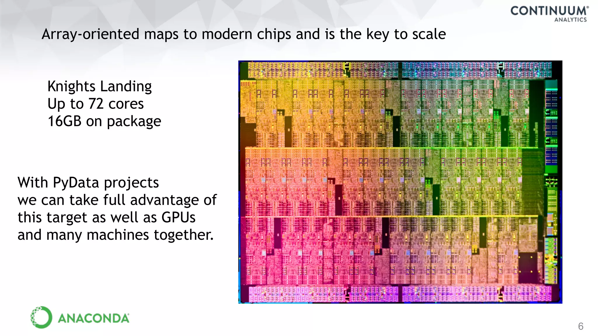 6
Array-oriented maps to modern chips and is the key to scale
Knights Landing
Up to 72 cores
16GB on package
With PyData projects
we can take full advantage of
this target as well as GPUs
and many machines together.
 