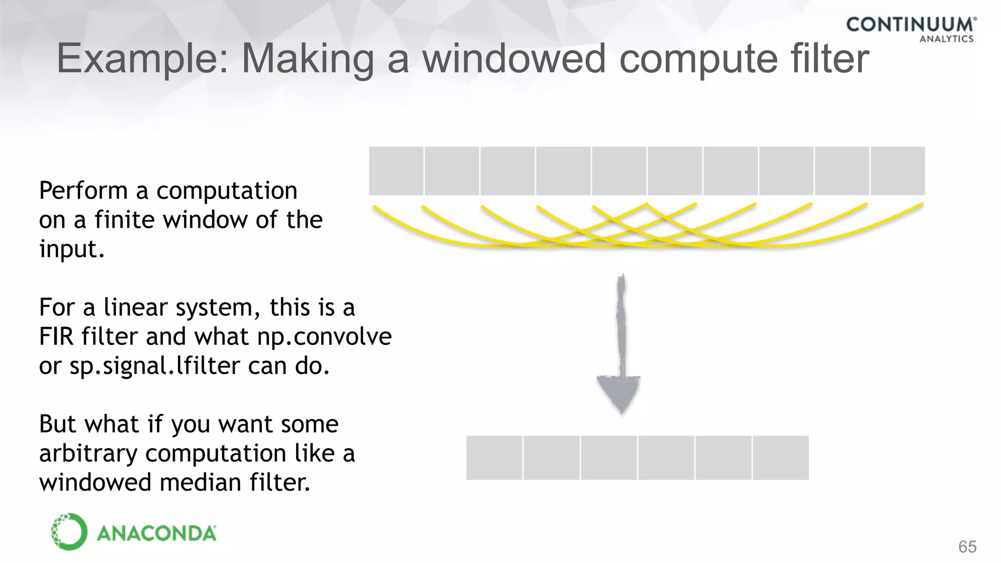 Example: Making a windowed compute filter
65
Perform a computation
on a finite window of the
input.
For a linear system, this is a
FIR filter and what np.convolve
or sp.signal.lfilter can do.
But what if you want some
arbitrary computation like a
windowed median filter.
 