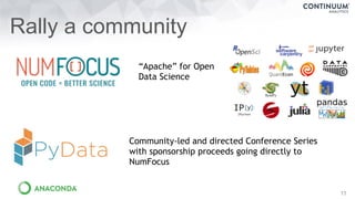 11
Rally a community
“Apache” for Open
Data Science
Community-led and directed Conference Series
with sponsorship proceeds going directly to
NumFocus
 