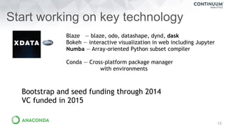 13
Start working on key technology
Blaze — blaze, odo, datashape, dynd, dask
Bokeh — interactive visualization in web including Jupyter
Numba — Array-oriented Python subset compiler
Conda — Cross-platform package manager
with environments
Bootstrap and seed funding through 2014
VC funded in 2015
 