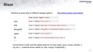 Blaze
46
Interface to query data on different storage systems http://blaze.pydata.org/en/latest/
from blaze import Data
iris = Data('iris.csv')
iris = Data('sqlite:///flowers.db::iris')
iris = Data('mongodb://localhost/mydb::iris')
iris = Data('iris.json')
CSV
SQL
MongoDB
JSON
iris = Data('s3://blaze-data/iris.csv')S3
…
Current focus is SQL and the pydata stack for run-time (dask, dynd, numpy, pandas, x-
ray, etc.) + customer-driven needs (i.e. kdb, mongo, PostgreSQL).
 