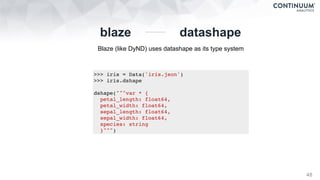 48
datashapeblaze
Blaze (like DyND) uses datashape as its type system
>>> iris = Data('iris.json')
>>> iris.dshape
dshape("""var * {
petal_length: float64,
petal_width: float64,
sepal_length: float64,
sepal_width: float64,
species: string
}""")
 