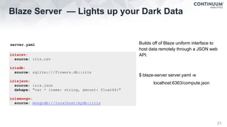 iriscsv:
source: iris.csv
irisdb:
source: sqlite:///flowers.db::iris
irisjson:
source: iris.json
dshape: "var * {name: string, amount: float64}"
irismongo:
source: mongodb://localhost/mydb::iris
Blaze Server — Lights up your Dark Data
51
Builds off of Blaze uniform interface to
host data remotely through a JSON web
API.
$ blaze-server server.yaml -e
localhost:6363/compute.json
server.yaml
 