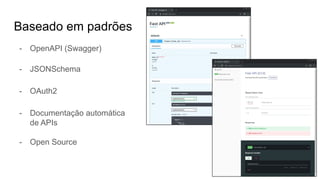 Baseado em padrões
- OpenAPI (Swagger)
- JSONSchema
- OAuth2
- Documentação automática
de APIs
- Open Source
 